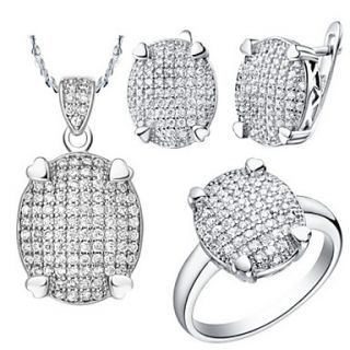 Fashion Silver Plated Clear Cubic Zirconia Oval With Tiny Heart Womens Jewelry Set(Necklace,Ring,Earrings)