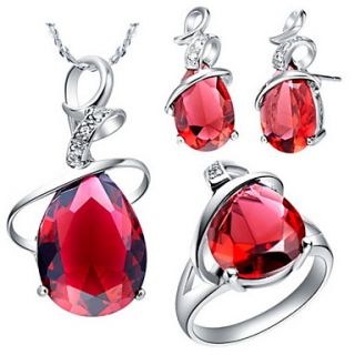 Beautiful Silver Plated Cubic Zirconia Drop Womens Jewelry Set(Necklace,Earrings,Ring)(Red,Purple)