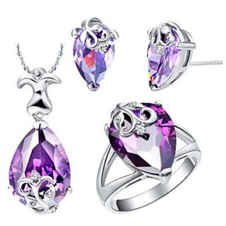 European Silver Plated Cubic Zirconia Drop With Flower Womens Jewelry Set(Necklace,Earrings,Ring)(Blue,Purple)