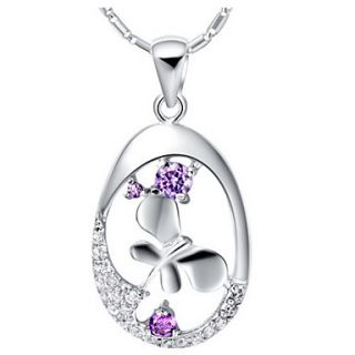 Vintage Round Shape With Butterfly Silvery Alloy Necklace(1 Pc)(Purple,White)