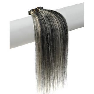 22 Inch #1/613 Mixed Black and Blonde 7 Pcs Human Hair Silky Straight Clips in Hair Extensions