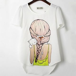 Womens Sweet Illustration Tails Girls Print Short Sleeve Chiffon Shirts