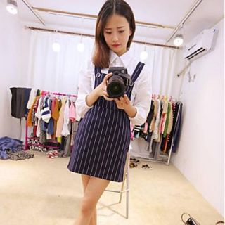 Womens Vintage Preppy Vertical Stripes Slim Pocket Strap Dress