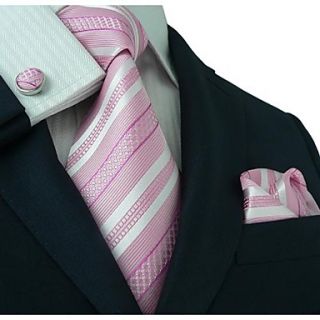 Mens Landisun Light Pink White Stripes Silk Tie Set Tie Hanky Cufflinks Landisun Exclusive
