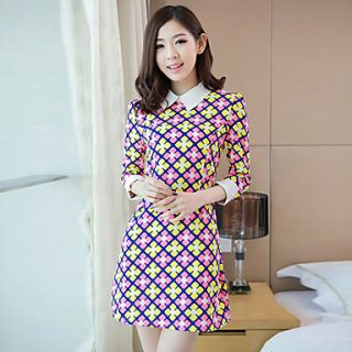 Loongzy Womens Korean Chiffon Pan Collar 3/4 Sleeve Floral Print Blue Dress