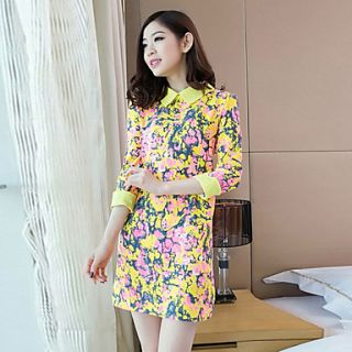 Loongzy Womens Korean Chiffon Pan Collar 3/4 Sleeve Floral Print Yellow Dress