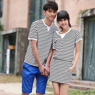 Aiyifang Casual Short Sleeve Round Neck Stripe Lovers Suit(Screen Color)