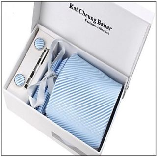 Mens Fashionable Light Blue Striped Polyester Ties Set Tie Hankie Cufflink Tie Clip with Box Bag