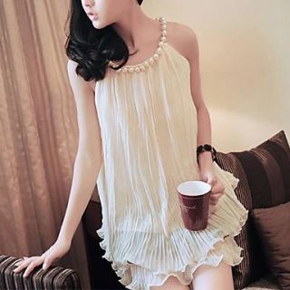 Womens Solid Color Pearl Halter Straps Pleated Skirt Dress