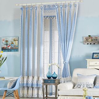 (One Pair Double Pleated) Country Graceful Fresh Style Blue Energy Saving Curtain