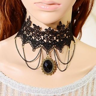Elonbo Black Lace And Precious Stones Style Vintage Gothic Lolita Collar Choker Pendant Necklace Jewelry