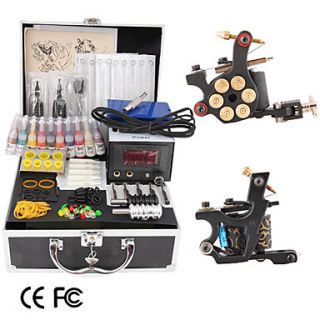2 Cast Iron Tattoo Gun Kit with LCD Power and 20 Color Ink