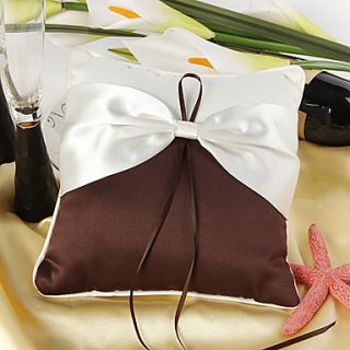 Elegant Ring Pillow In Chocolate Satin With Cream Sash