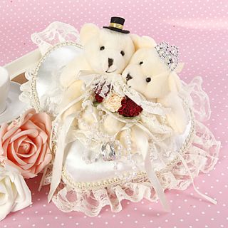 Heart Shaped Wedding Ring Pillow With Bear Couple