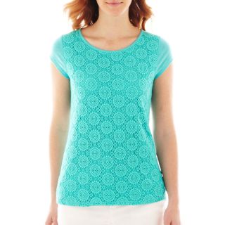 LIZ CLAIBORNE Short Sleeve Lace Front Tee, French Turquoise, Womens