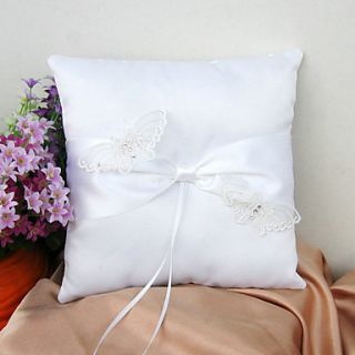Ring Pillow In White Satin And Lace With Butterfly And Sash