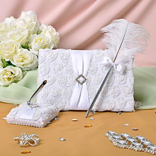 White Rose Guest Book and Feather Pen Set