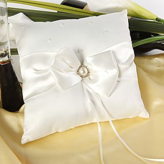 Wedding Ring Pillow In Ivory Satin With Faux Pearl Accent