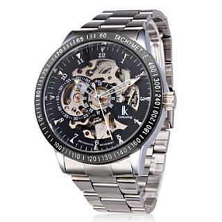 Mens Auto Mechanical Self Winding Hollow Engraving Silver Alloy Band Analog Wrist Watch