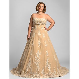 Plus Size A line Strapless Chapel Train Chiffon Wedding Dress (247242)