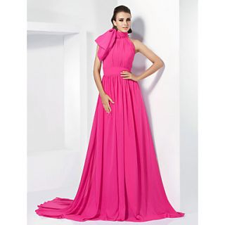 A line High Neck Chiffon Evening Dress With Court Train inspired by Emma Stone at the 84th Oscar