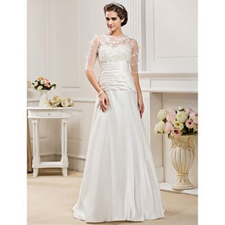 A line Jewel Floor length Satin Wedding Dress