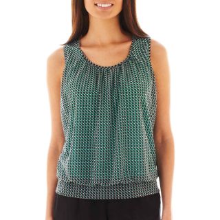 Worthington Chiffon Mesh Smocked Knit Top   Petite, Green