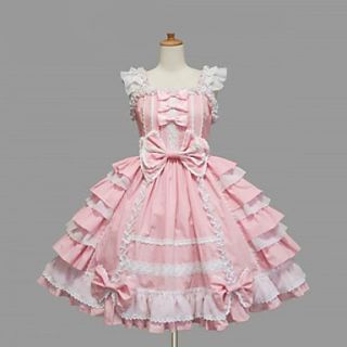 Sleeveless Knee length Pink Cotton White Lace Sweet Lolita Dress