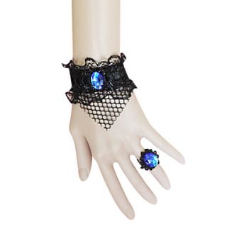 Handmade Black Lace Web Gothic Lolita Bracelet with Blue Artificial Gemstones Ring