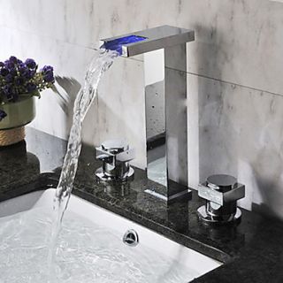 Two Handles Color Changing LED Waterfall Widespread Bathroom Sink Faucet Chrome Finish(Tall)