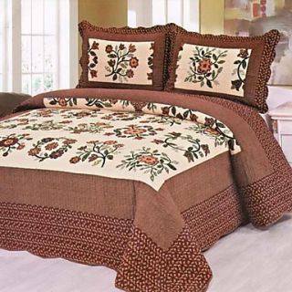 3 Piece Coffee Floral Washed Cotton Quilt Set