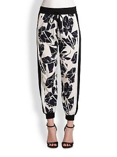 DKNY Silk Floral Contrast Pants   White