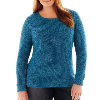 LIZ CLAIBORNE Long Sleeve High Low Shaker Sweater   Plus, Cayman Aqua Multi