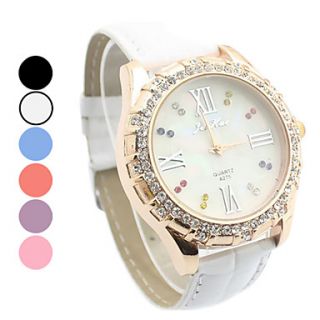 Womens Diamante White Dial PU Band Quartz Analog Wrist Watch (Assorted Colors)