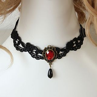 Red Crystal Black Pearls Hollow Out Lace Necklace