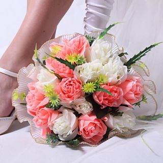 Pretty Round Shape Pink White Satin Rose Wedding Bridal Bouquet