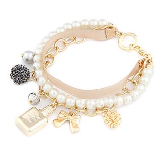 Gold Plated Alloy Pearl Lace Bowknot Pendant Bracelet