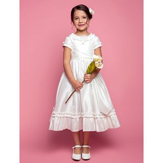 A line Princess Jewel Tea length Taffeta Flower Girl Dress (618900)