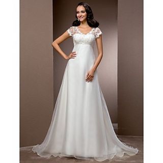 Free Custom measurements A line V neck Court Train Organza And Lace Wedding Dress