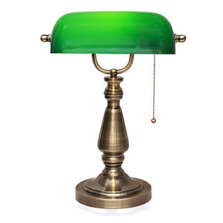 Old Bank Style Table Lamp Green Shade Electroplated Metal Stand With Pullswitch