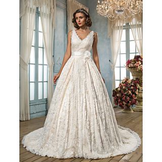 Free Custom measurements A line V neck Scalloped Edge Court Train Lace Wedding Dress (604654)
