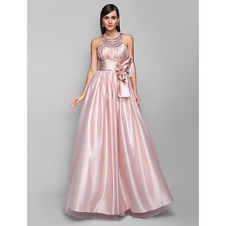 A line Jewel Floor length Stretch Satin And Tulle Evening/Prom Dress (605471)