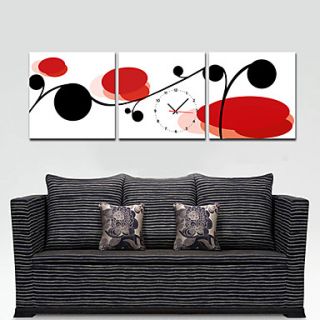 Modern Style Red and Black Floral Wall Clock in Canvas 3pcs