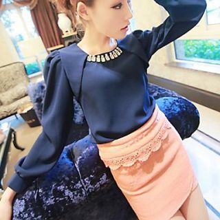 Womens Rhinestone Neckline Splicing Puff Sleeve T shirts