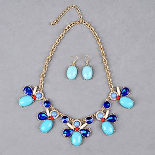 Pink Blue Crystal Gem Insect Necklace Earring Suit