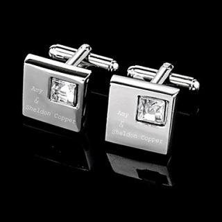 Personalized Square Silver Cufflinks With Rhinestone