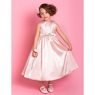 A line Jewel Tea length Stretch Satin Flower Girl Dress (733942)