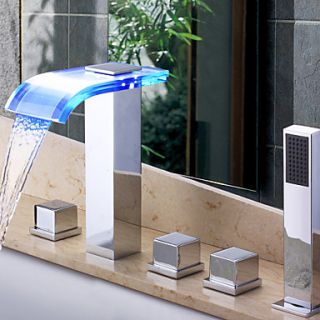 Contemporary LED Waterfall Wall mounted Glass Spout Bathroom Faucet with Hand Shower