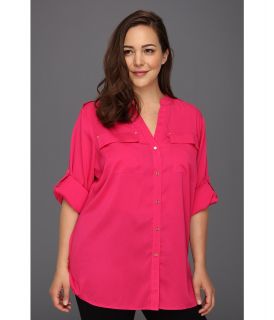 Calvin Klein Plus Size Mock Neck Roll Sleeve Blouse Womens Long Sleeve Button Up (Pink)