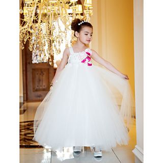 A line Princess Straps Ankle length Tulle And Satin Flower Girl Dress (733965)